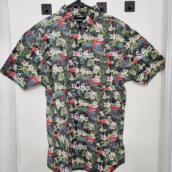MOLOKAI Surf Hawaiian Shirt Men's Tropical Flamingo Print Button-Down Cotton L - Picture 1 of 10